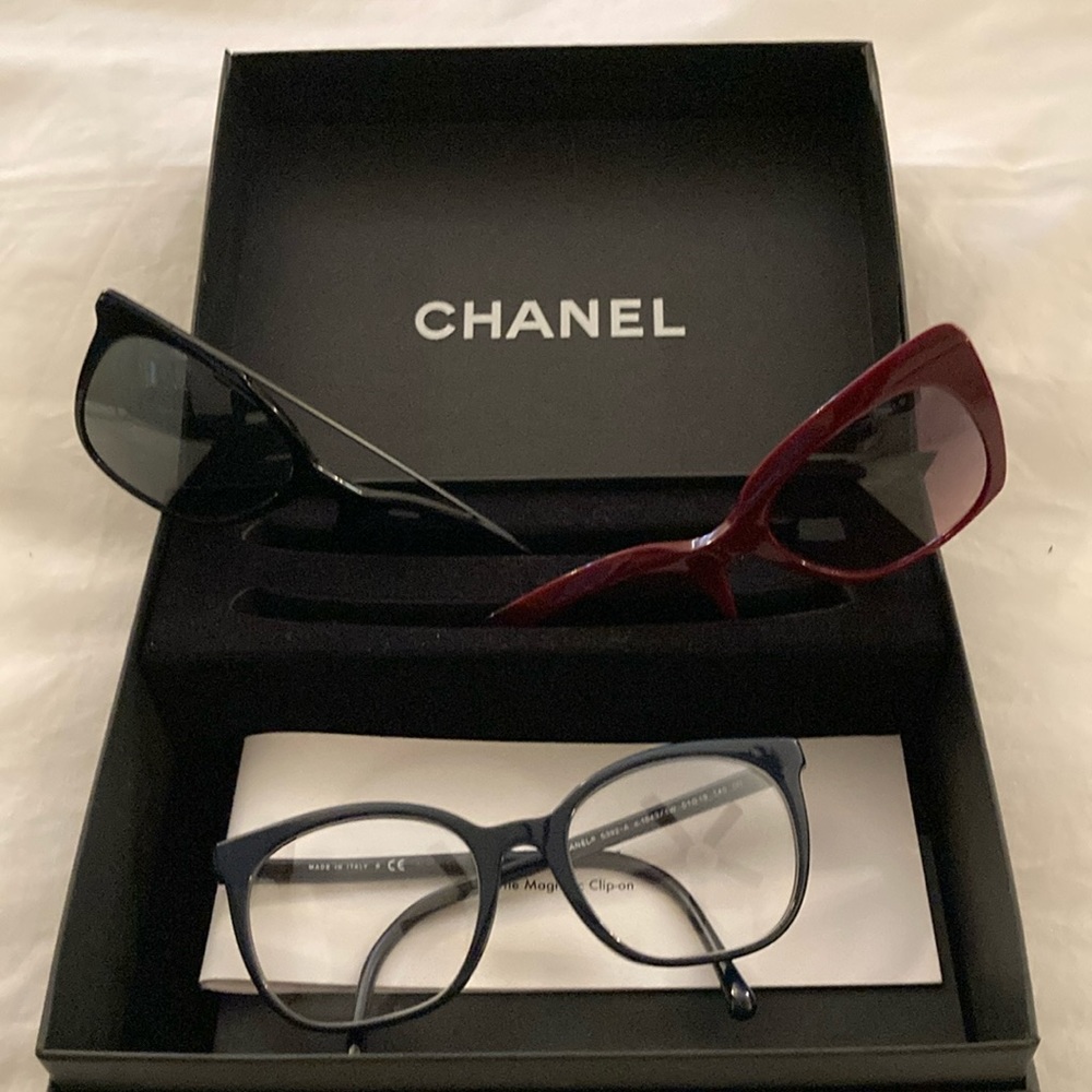 Chanel magnetic Clip-on sunglasses. One optical frame and two magnetic clip ons.